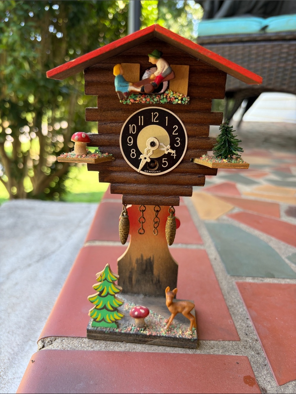 Rare Handcrafted Mini Cuckoo Clock in Brown and Red w Original Key & Instruction